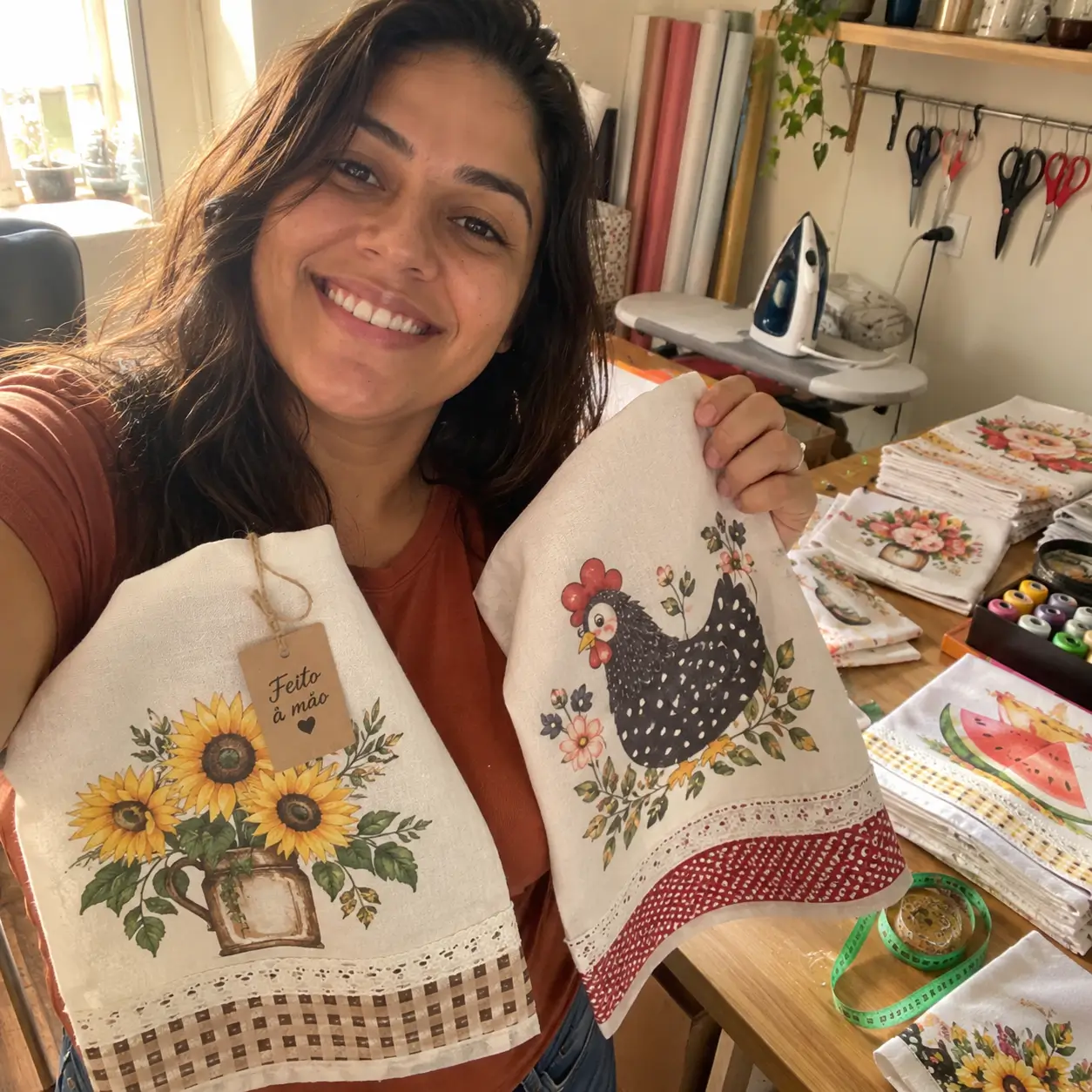 Cintia Veloso mostrando panos de prato estampados